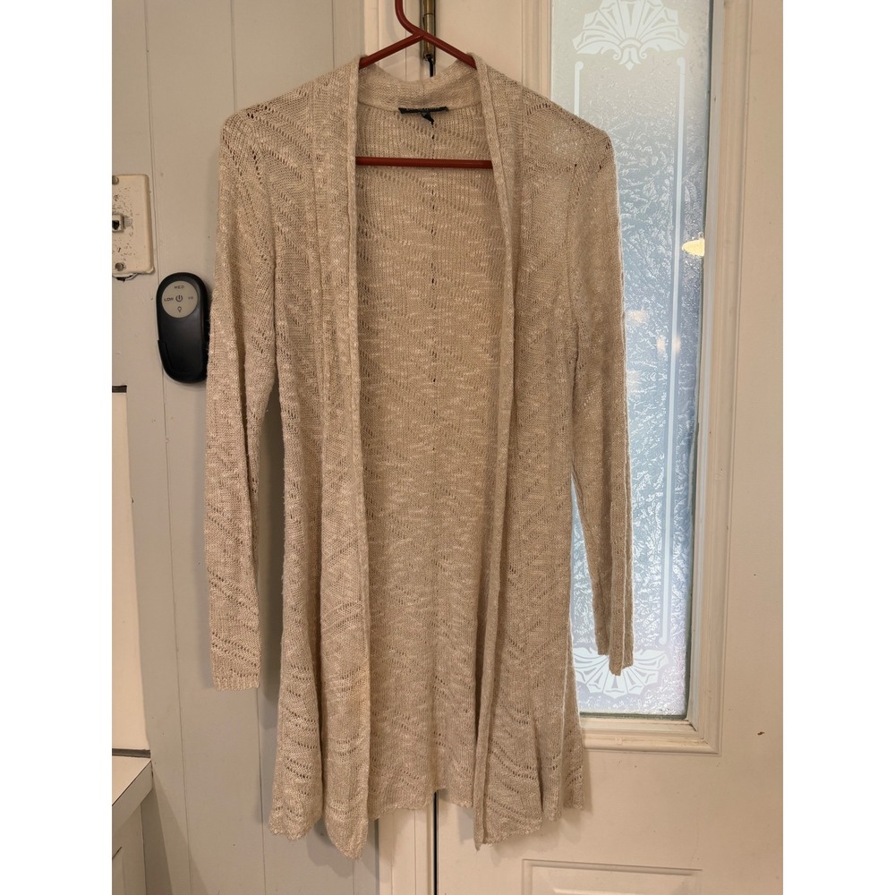 Eileen Fisher Petite Beige Linen Blend Pointelle Knit Open Front Cardigan PS